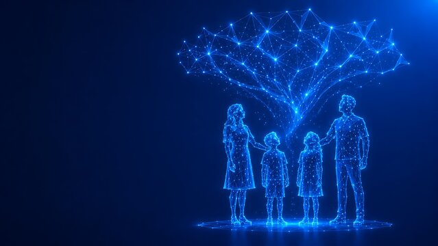 Parents supporting children under glowing digital network tree. happy parents' day futuristic low. happy parents' day futuristic low poly family background, abstract futuristic parents' day family