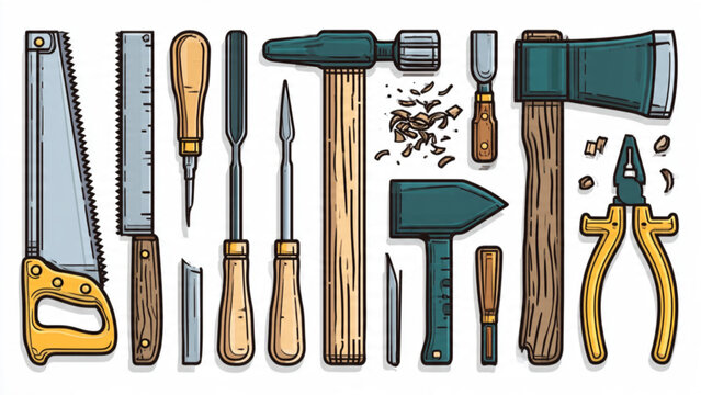 Set of hand tools including saw hammer screwdriver pliers and chisels for DIY construction and repairs