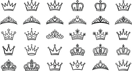 Royal crown icons set, 30 black line art tiara and diadem vector illustrations, elegant queen and king headwear collection for luxury branding © Angel
