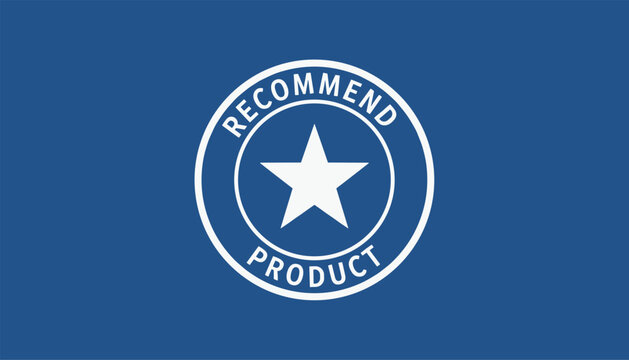 Circular stamp icon with a star in the middle and text saying recommend product on a solid blue background.