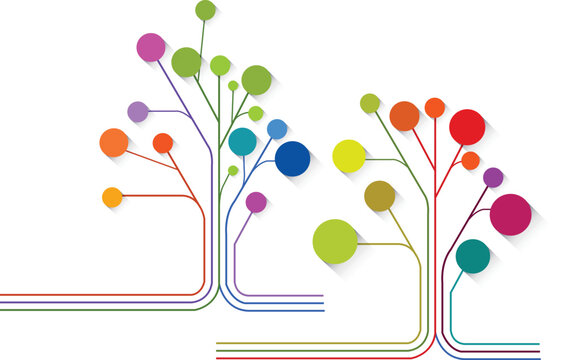 Two creative abstract tree diagrams with colorful circular nodes and connected lines on white office background.
