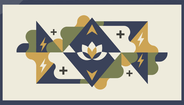 Intricate geometric art composition with a central lotus flower icon and abstract shapes in muted tones.