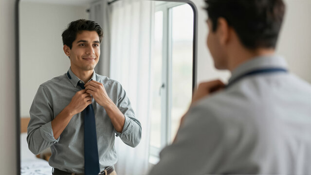 Businessman adjusts blue necktie in mirror. Professional male preparing for work during morning routine in bedroom
