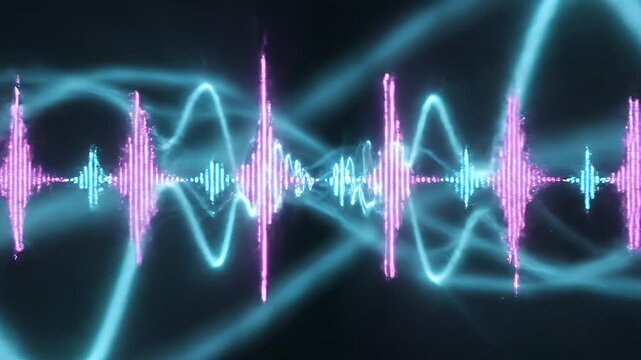 A vibrant neon sound wave pulsates against a dark background.