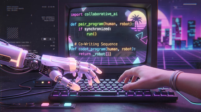 Human and Robot Hands Pair Programming on Retro Neon Cyberpunk Computer Keyboard