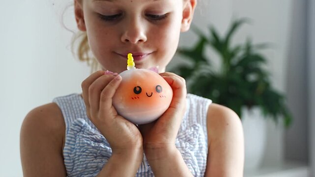 Child squeezes a soft squishy stress relief toy at home. Sensory play supports emotional regulation, relaxation and focus through tactile interaction.