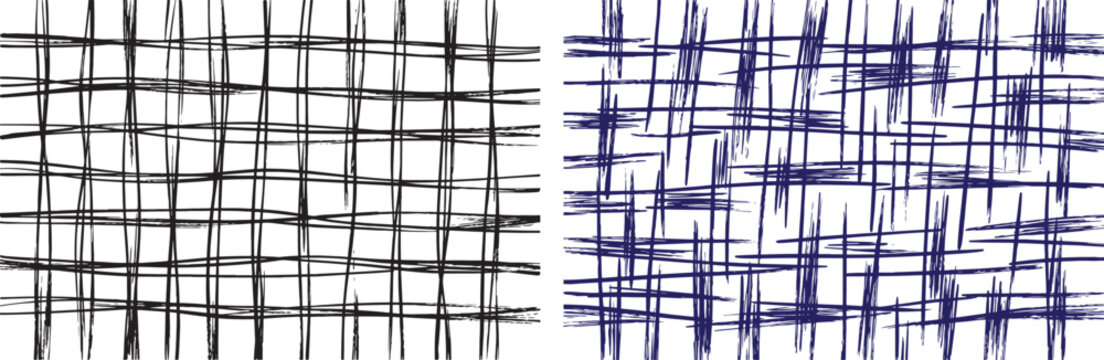 Hand drawn grid vector patterns with sketchy black and blue crosshatch lines for textile design and background textures