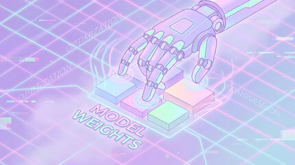Fototapeta premium AI Model Optimization and Compression Concept with Robotic Hand Tuning Model Weights on Virtual Interface