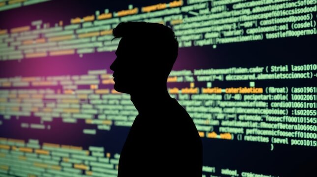 silhouette of a man near a program code