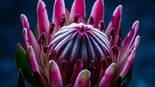 Close-up macro shot of a blooming protea flower with vibrant pink petals and delicate details set against a deep blue blurred background showcasing nature and floral beauty