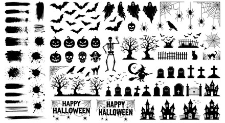 Fototapeta premium Halloween silhouette collection with spooky icons, black hand drawn horror elements, creepy graveyard and haunted house clip art set on white