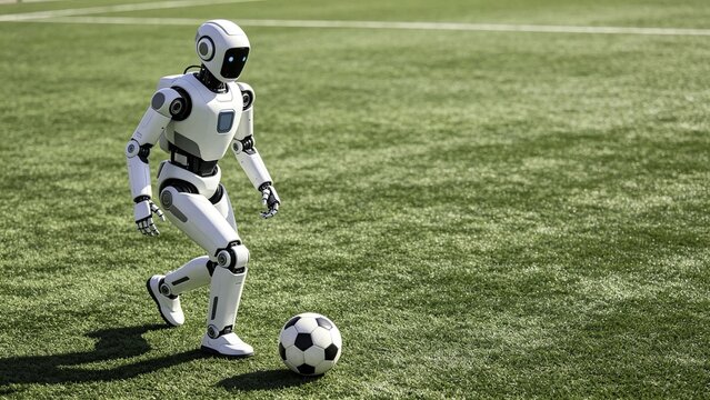 Humanoid robot dribbling soccer ball on artificial turf fiel