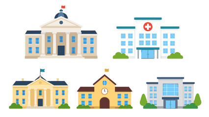 Fototapeta premium Municipal building icon set with city hall, hospital and school