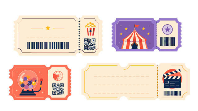 Set of decorative event tickets with barcode and QR code