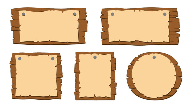 Cartoon wooden signboards with nailed parchment paper set