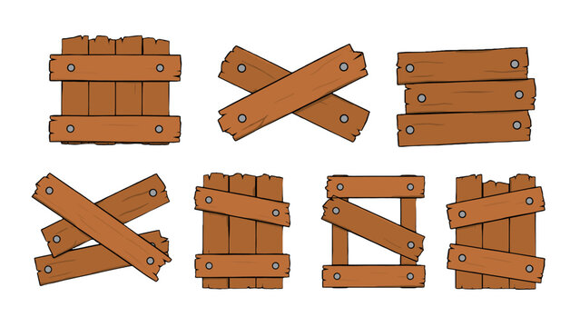 Cartoon wooden boards with nails in crossed barricade set