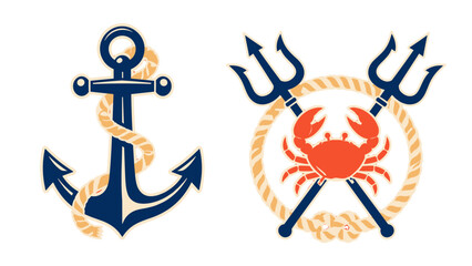 Nautical anchor and crab emblems with rope and tridents © icon_art