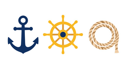 Nautical icon set with anchor ship wheel and coiled rope © icon_art