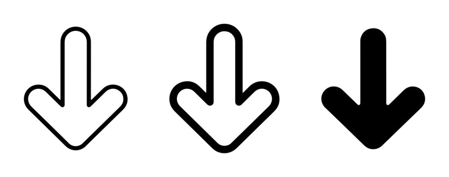 Set of Three Downward Arrows, Vector Icons: Outline, Filled Outline, Solid Black, Directional Symbols for Download, Decrease, Navigation, and Data Input