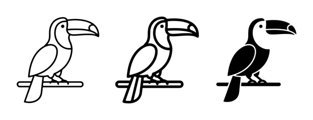 Fototapeta premium Toucan Icons Set, Tropical Bird Vector Graphics, Simple Line Art and Silhouette Illustrations for Wildlife and Nature Designs