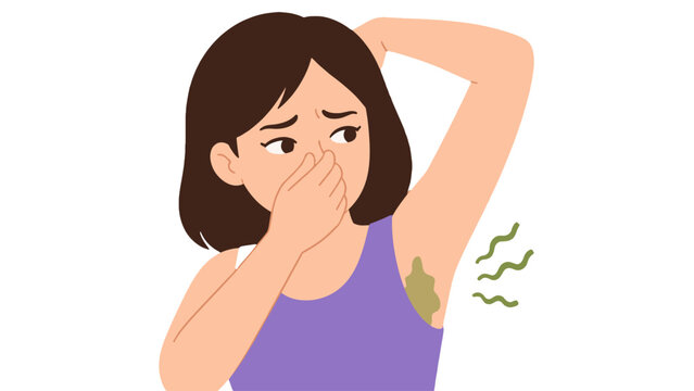 Woman covering nose from underarm odor vector illustration