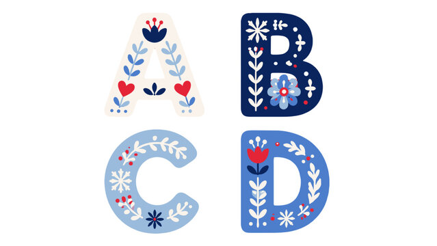 Decorative folk alphabet letters with floral Scandinavian style