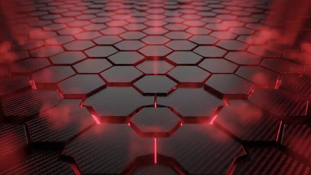 A futuristic, dark hexagonal pattern with red light.