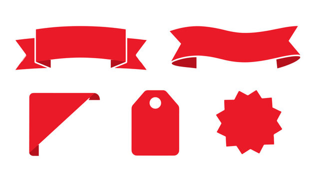 Set of red ribbon banners labels and corner tag shapes