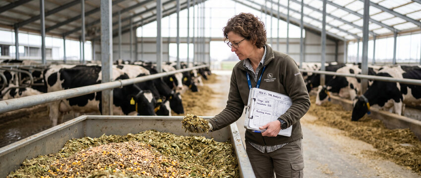 Livestock Nutrition Specialist Inspecting Cattle Feed Quality at Modern Dairy Farm