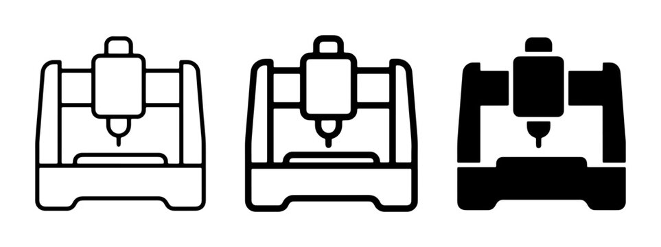 CNC Machine Icons, Engraving Router Vector Set, Industrial Manufacturing Equipment Graphics