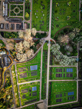 Aerial view of the geometric garden beds, pathways, and flowering trees in Howth, Dublin, County Dublin, Ireland.