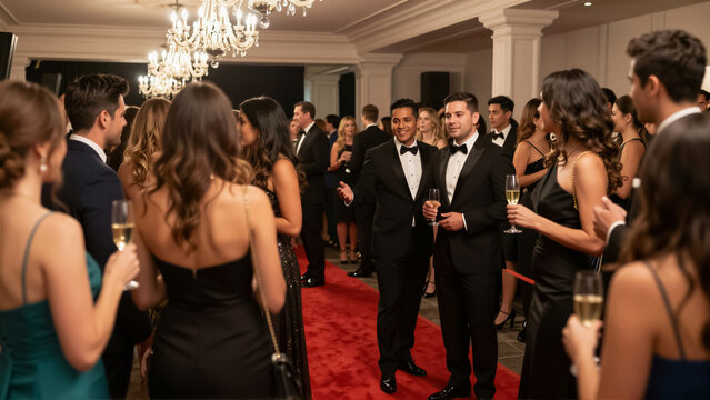 Sophisticated crowd socializing at a luxury black tie gala event. Elegant guests in tuxedo and evening dress enjoy champagne on a red carpet under a glowing chandelier