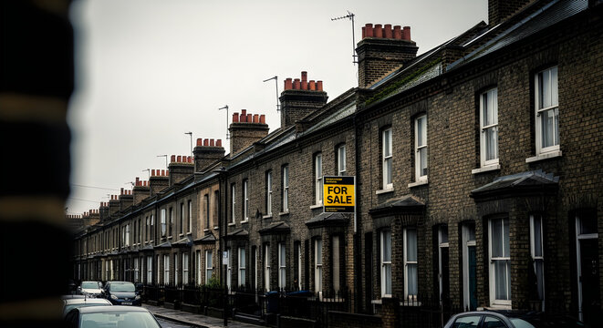 Moody London Street with Victorian Terraced Houses and For Sale Sign