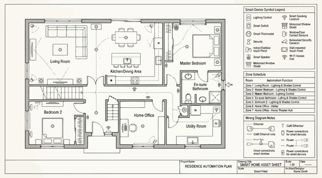 Architectural floor plan of a modern smart home with electrical and automation symbols