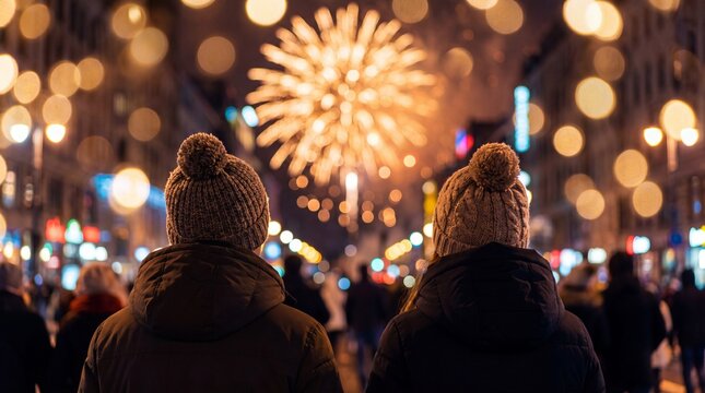 Rear view of a couple wearing warm winter hats and jackets watching a beautiful fireworks display over a blurred city street at night during celebration