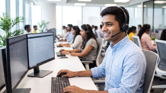 Indian customer support agent wearing a headset while working in a busy call center environment.	