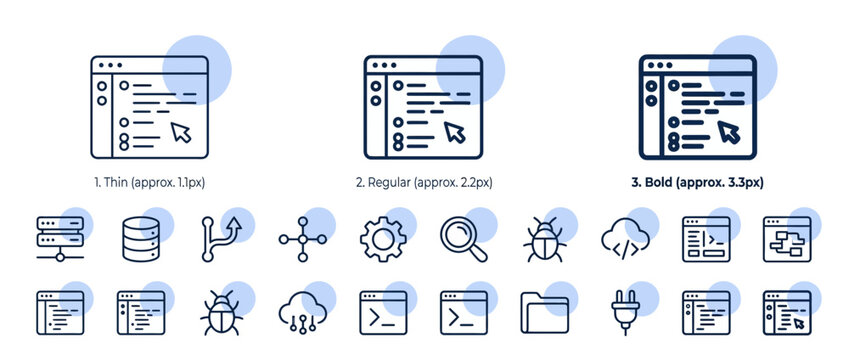 A collection of thin line icons representing software development and web programming tools.