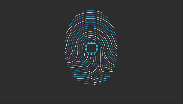 Concept of cyber security and identity featuring a glowing digital microchip at the center of a fingerprint pattern.