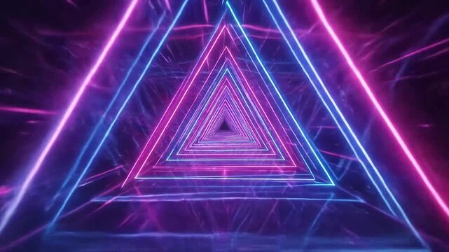 A glowing neon tunnel with bright pink and blue triangular shapes
