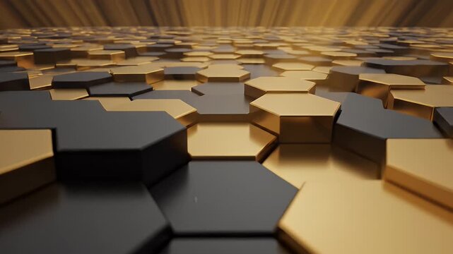 A textured background of gold and dark gray hexagonal shapes.