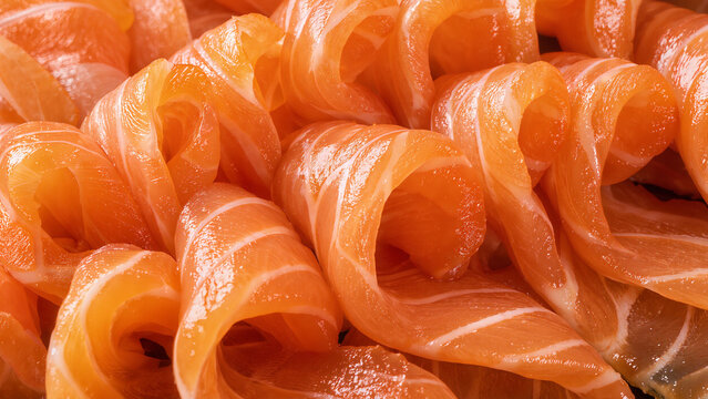 Raw salmon fish slices pattern full frame background