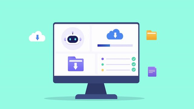 Animated flat vector dashboard with an AI assistant, cloud storage, folders, and file transfer interface. Modern digital workspace for data management, automation, and productivity.