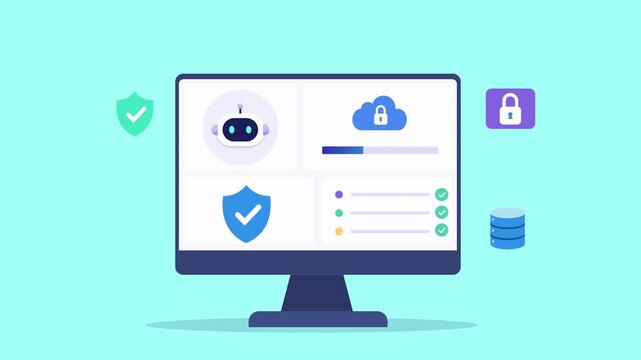Animated flat vector dashboard with an AI assistant, cybersecurity shields, cloud security, and database icons. Modern digital interface for data protection, privacy, and secure workflow.