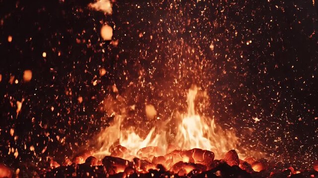 Molten rock and embers explode upwards in a fiery spectacle against a dark background.