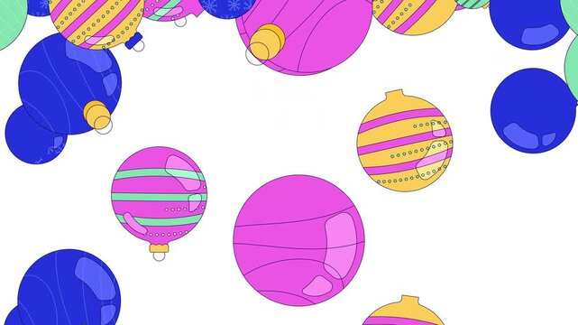 Colorful Christmas ornaments rise upward transition effect video overlay. Vibrant holiday baubles. Animated flat cartoon wipe upward on transparent background. Content reveal. Smooth motion graphic