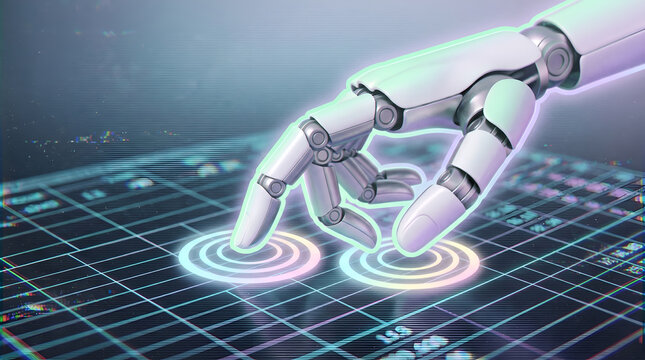 Robotic hand validating synthetic data and computer-generated media profiles, representing deepfake detection, voice cloning checks, and content authenticity verification