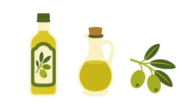 Olive oil bottle, glass cruet, and olive branch vector icons