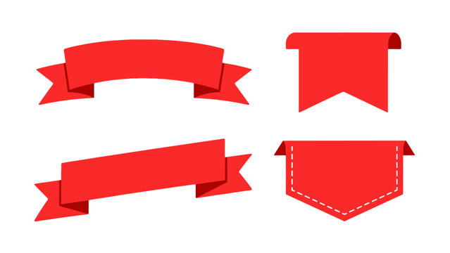 Red ribbon banner set with bookmark and label shapes