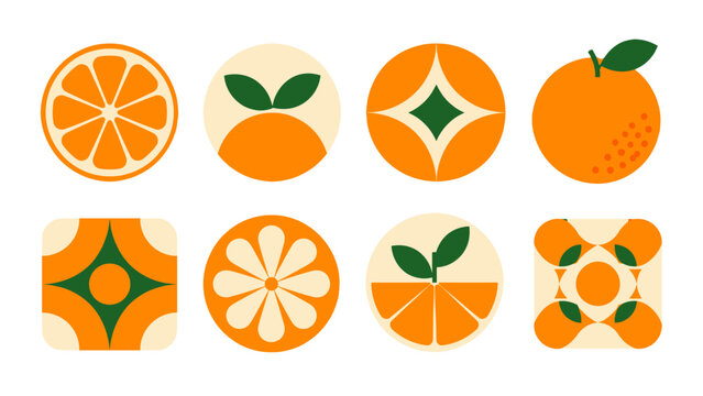 Geometric orange fruit icons and abstract citrus pattern set