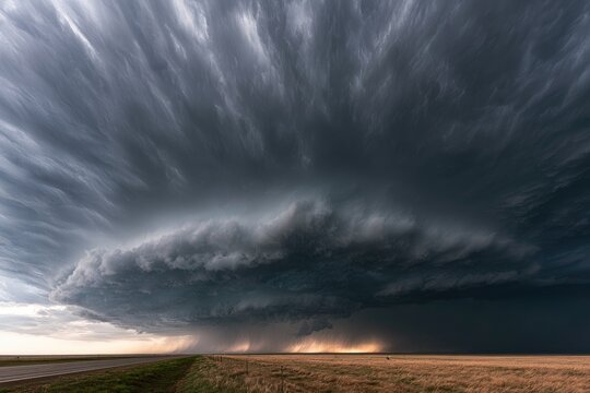 Massive Supercell Thunderstorm Approaching Over Flat Plains Landscape.